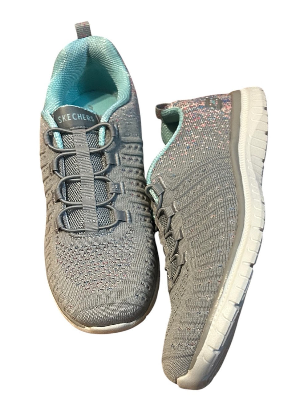 Skechers Women's Gray Knit Slip-On Sneakers with Aqua Lining and Speckle Detail